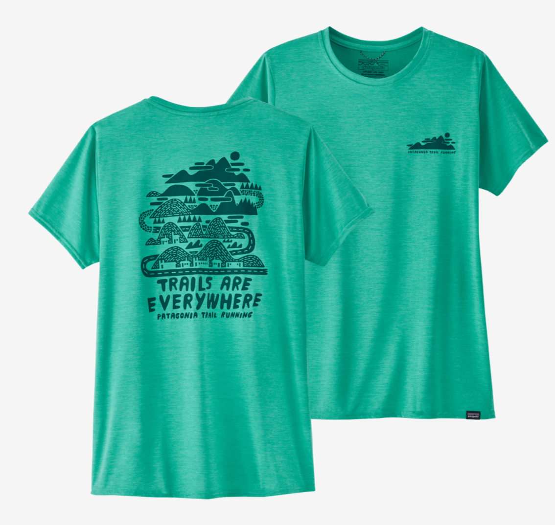 Patagonia T-Shirt M / Trails Everywhere: Fresh Teal X-Dye Patagonia Capilene® Cool Daily Graphic Shirt