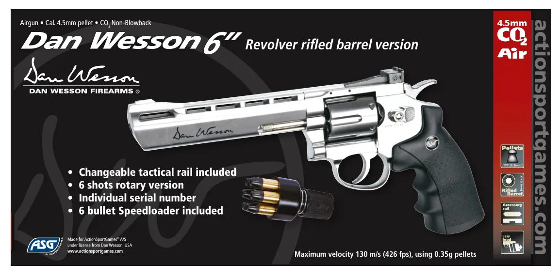 Dan Wesson, 4.5mm 6" airgun, CO2, pellets, silver