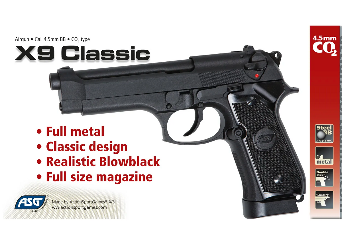 ASG X9 CLASSIC, 4.5mm airgun, CO2, blowback, BB, black